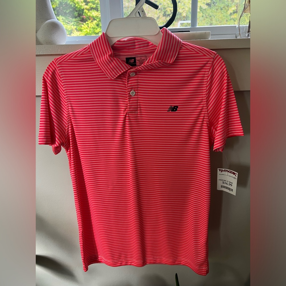Boys Pink Striped New Balance Short Sleeve Polo Size 12 - NWT